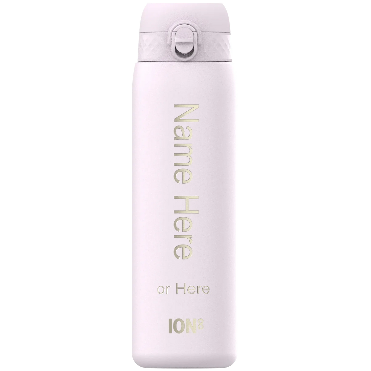 Water bottle standing upright feature white surface with text "Name Here or Here ION8" in gold letters context plain background