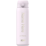 Water bottle standing upright feature white surface with text 
