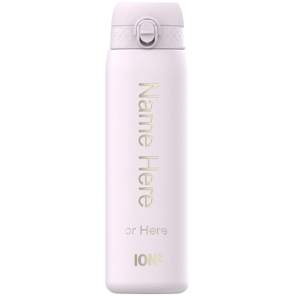 Water bottle standing upright feature white surface with text "Name Here or Here ION8" in gold letters context plain background