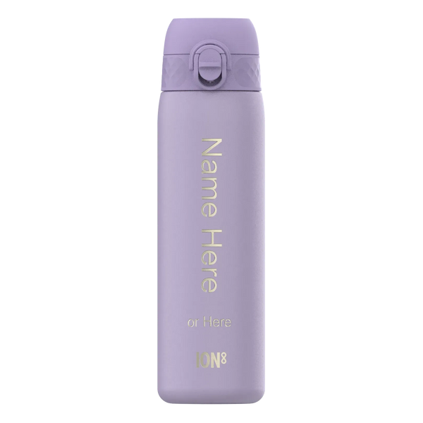 Purple water bottle with a lid and flip-top mechanism standing upright Text on the bottle reads Name Here or Here ION8 against a plain white background