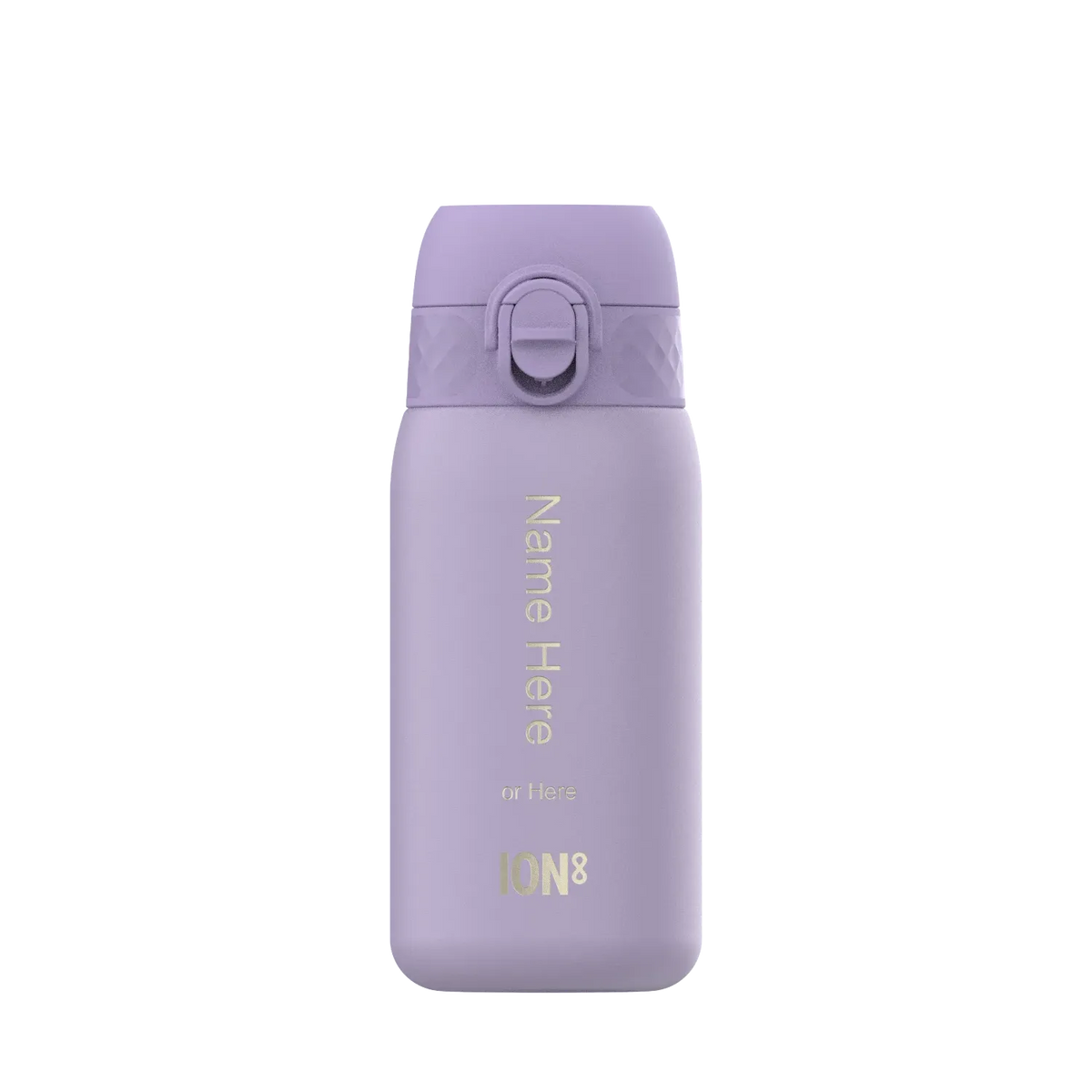 Purple water bottle standing upright plain background text reads Name Here or Here ION8