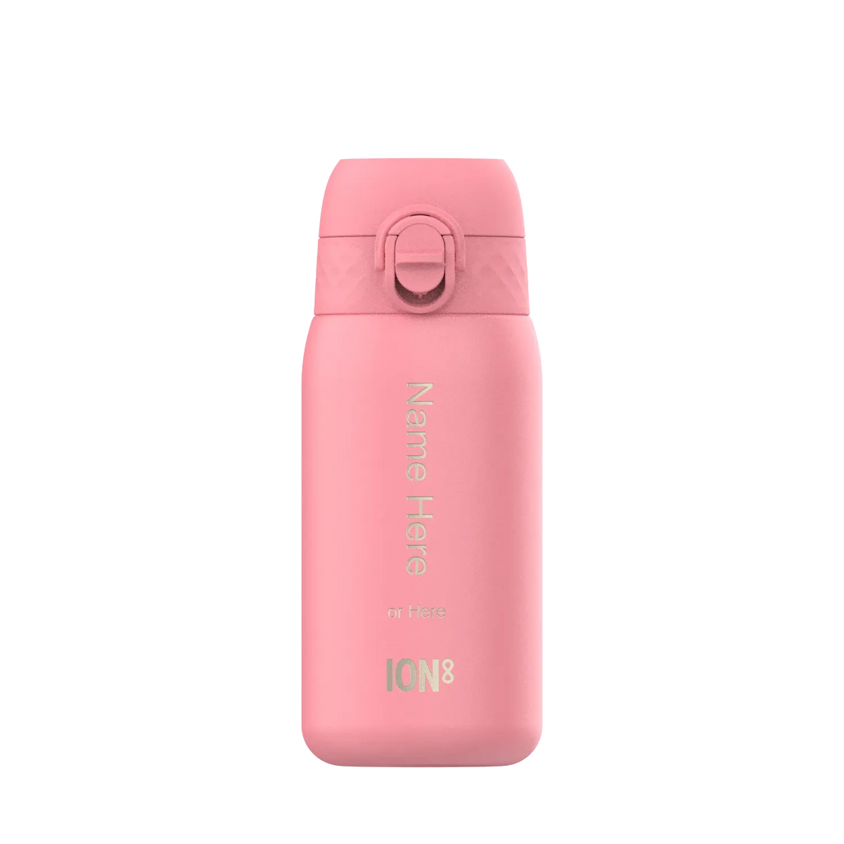 A pink insulated water bottle stands upright on a plain background. The bottle shows text "Name Here or Here ION8" vertically.