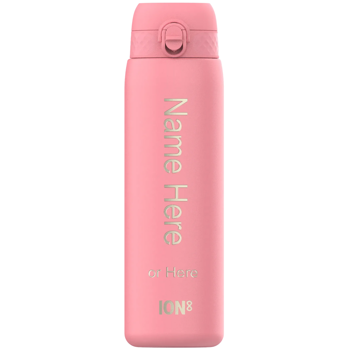 A pink reusable water bottle stands upright with text "Name Here or Here ION8" printed vertically in a plain white background