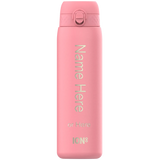 A pink reusable water bottle stands upright with text 