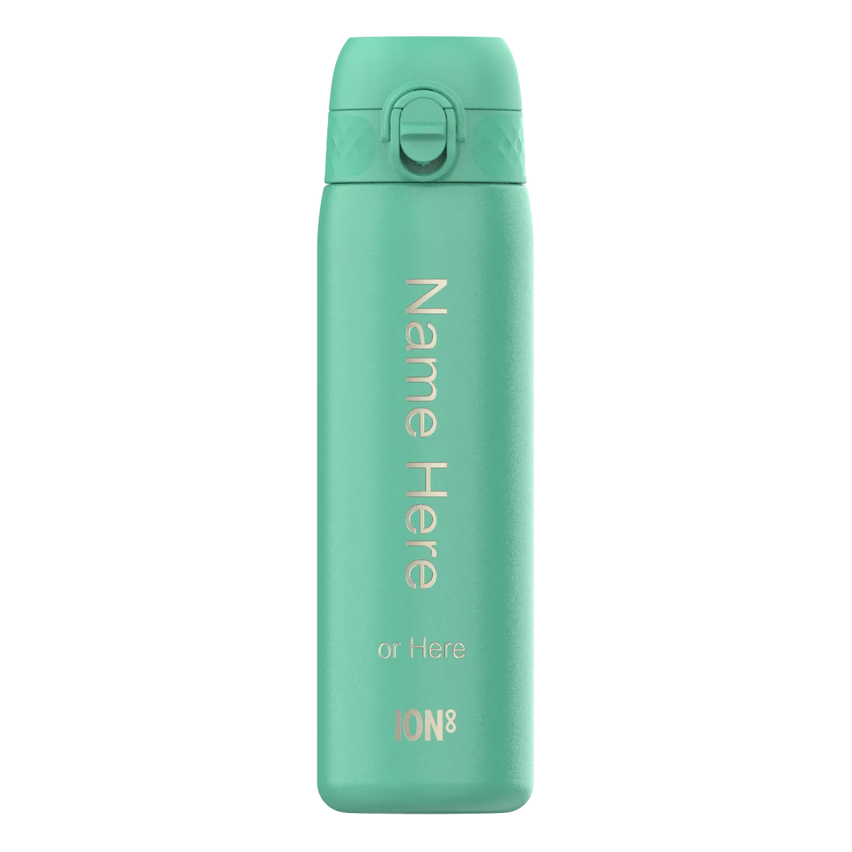 A turquoise reusable water bottle stands upright with a flip lid and gold text reading "Name Here or Here ION8" set against a plain white background
