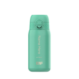 A teal water bottle with a flip-top lid stands upright Text reads Name Here or Here ION8 against a plain white background