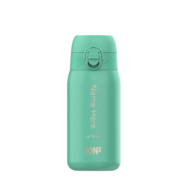A teal water bottle with a flip-top lid stands upright Text reads Name Here or Here ION8 against a plain white background