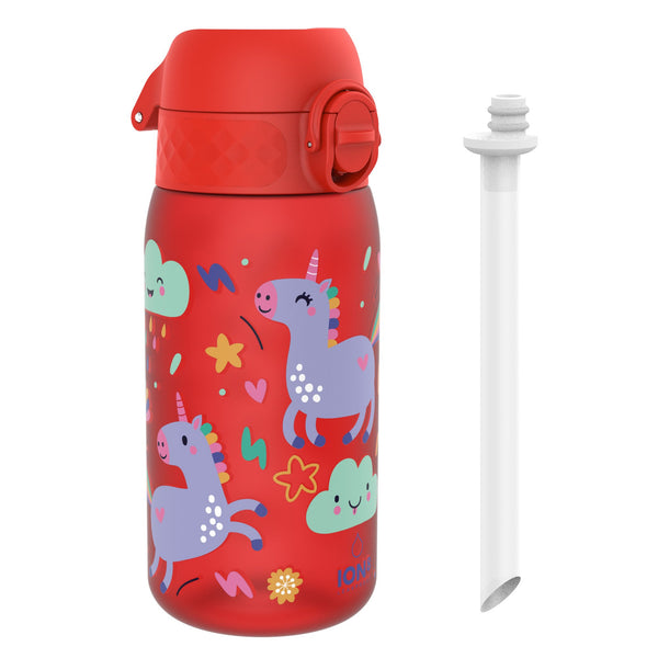 Botella de agua infantil con pajita, Recyclon, Unicornios Rojos, 350ml