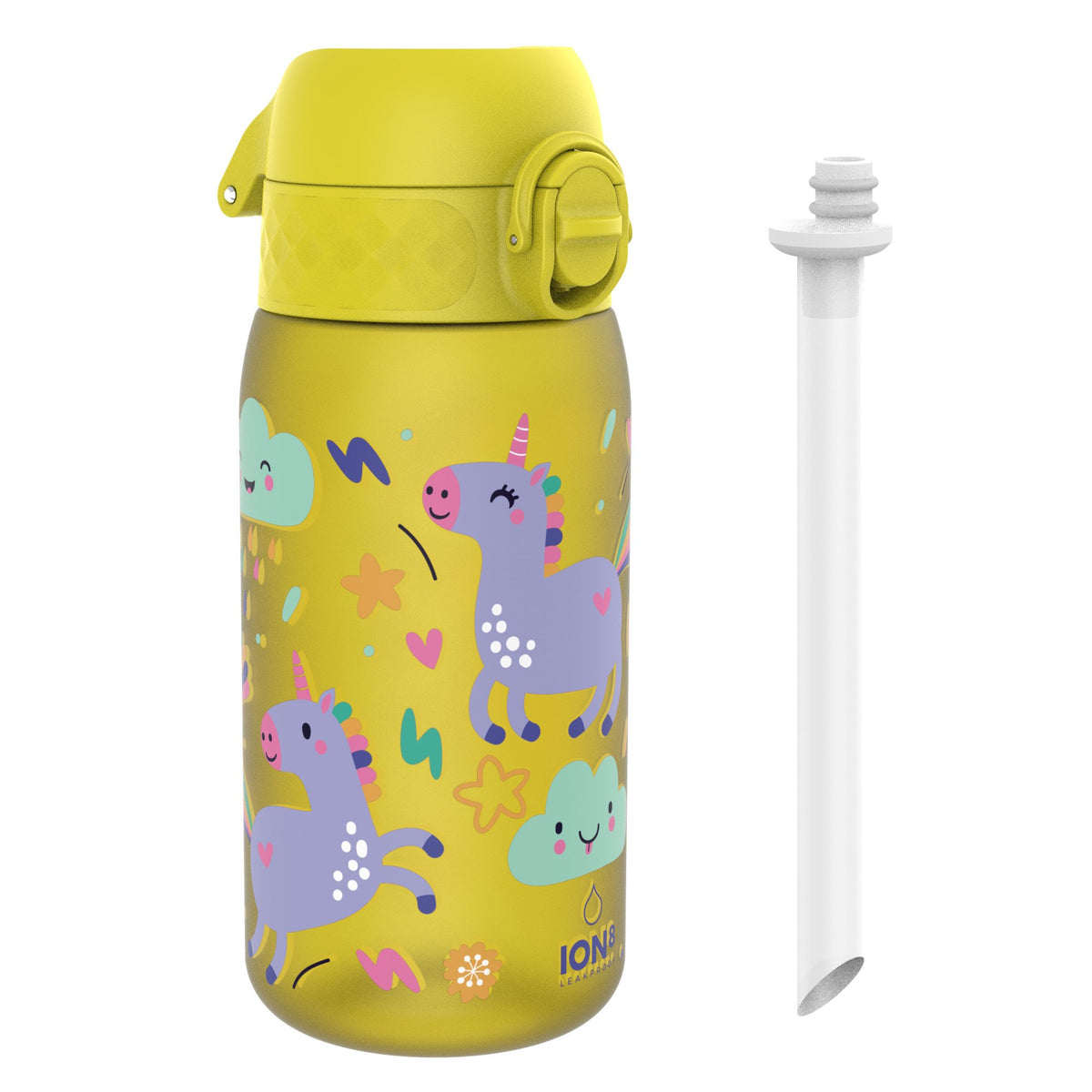 Botella de agua infantil con pajita, Recyclon, unicornios amarillos, 350ml