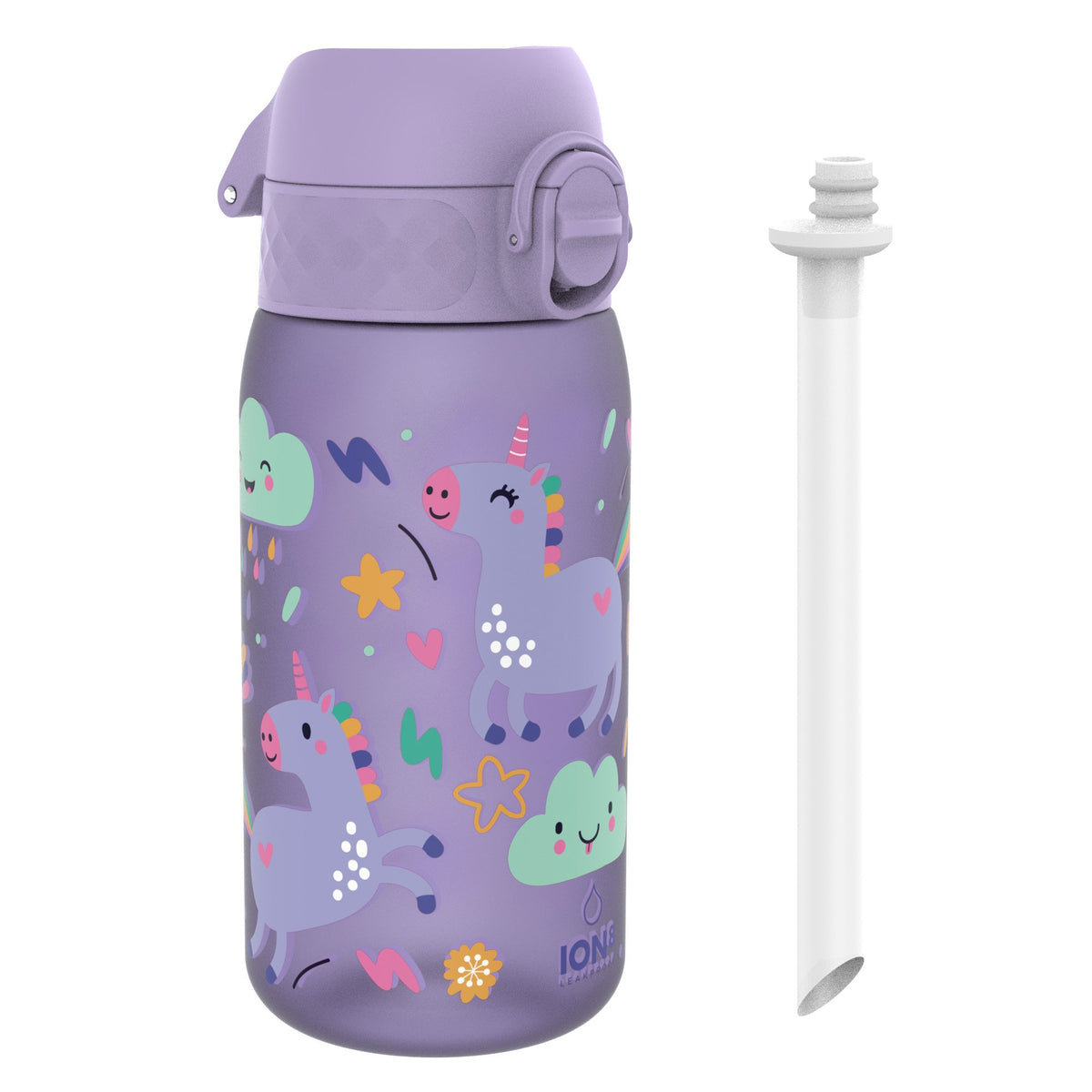 Botella de agua infantil con pajita, Recyclon, Unicornios morados, 350ml